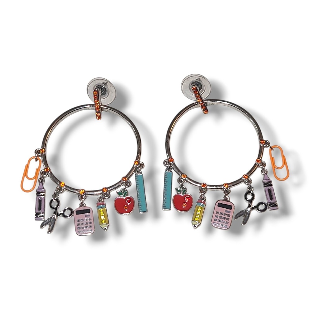 Maurice's Teacher Charm Hoop Dangle Earrings Rhinestones